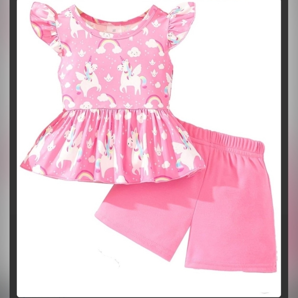 Whimsical Pink Unicorn And Rainbows Flutter Sleeve Shirt And Shorts Set